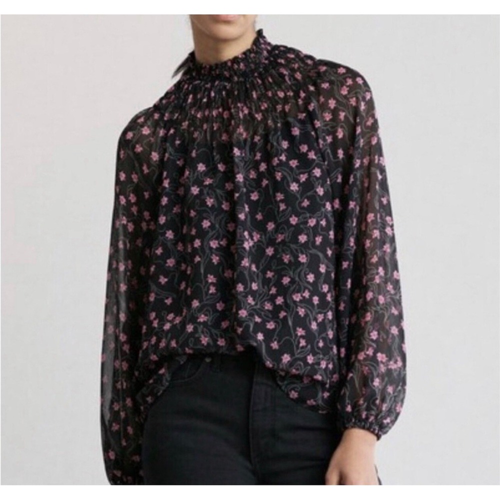 Elizabeth and James Blouse Sz M Woman's High Neck Black Pink Floral Ribbed Mesh